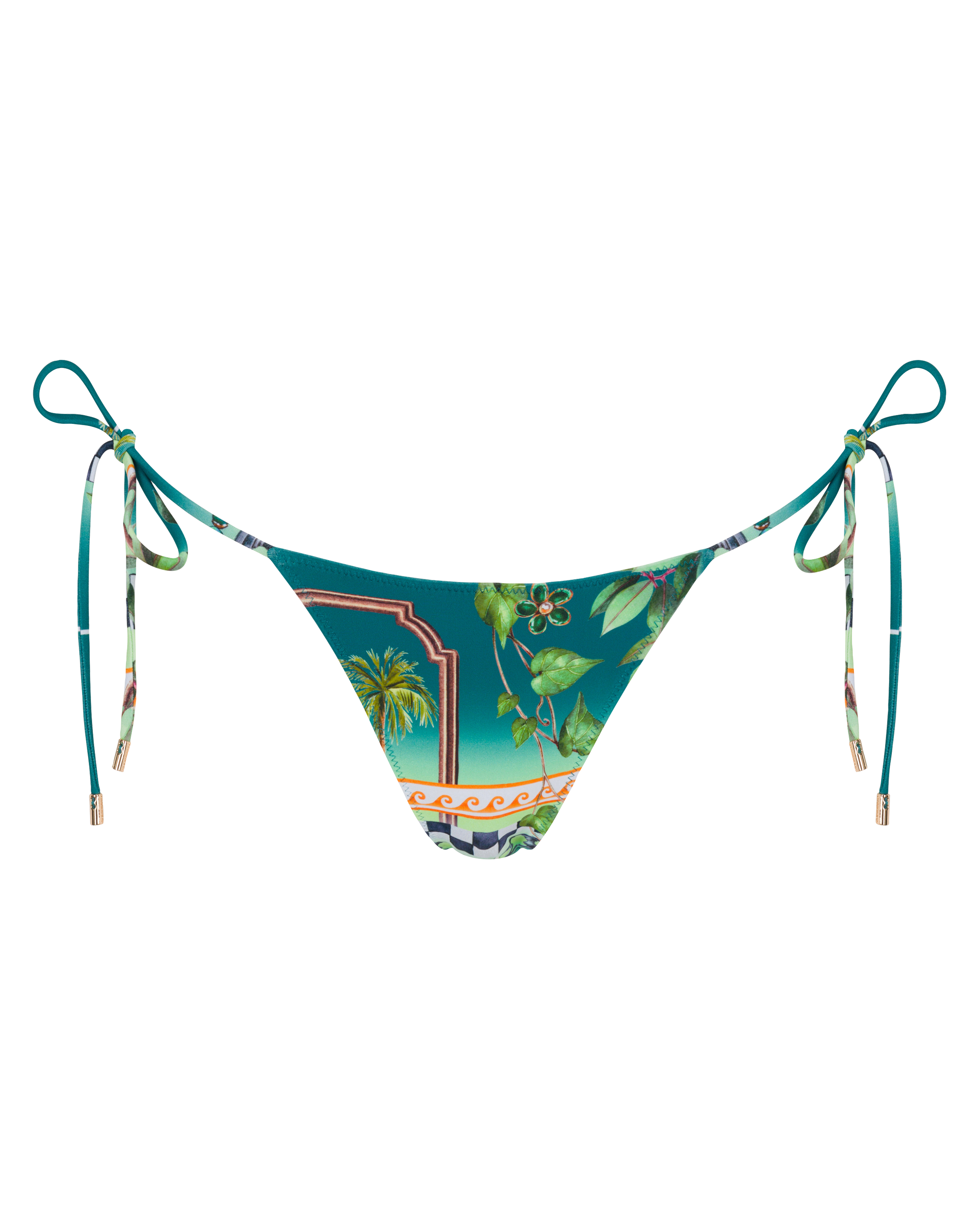 A high-waisted triangle bottom swimsuit with a colorful floral pattern and blue trim. The swimsuit has side ties for a customizable fit and is crafted from premium Italian fabric.