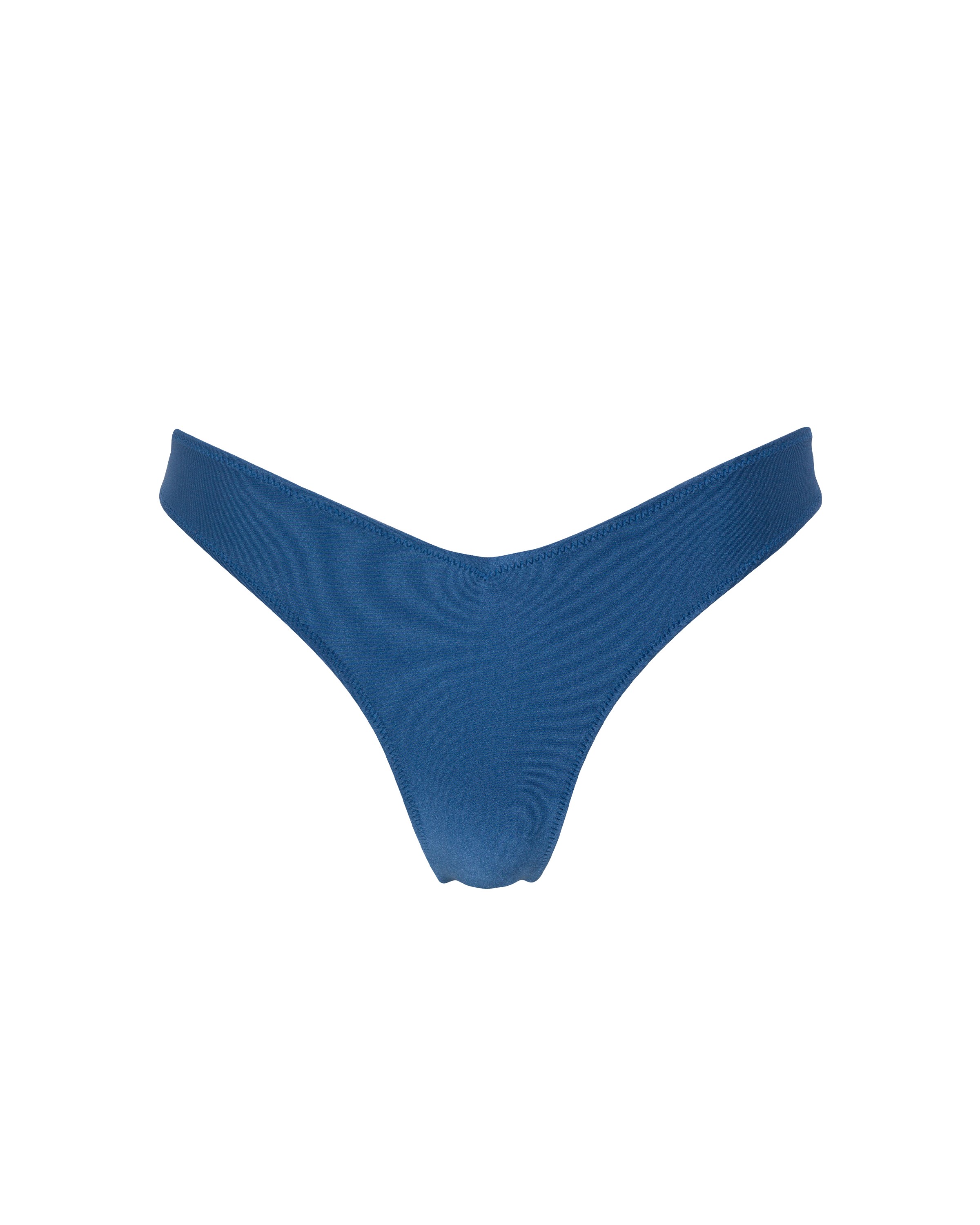 A high-waisted blue cheeky bottom with a V-shape fit in the front.