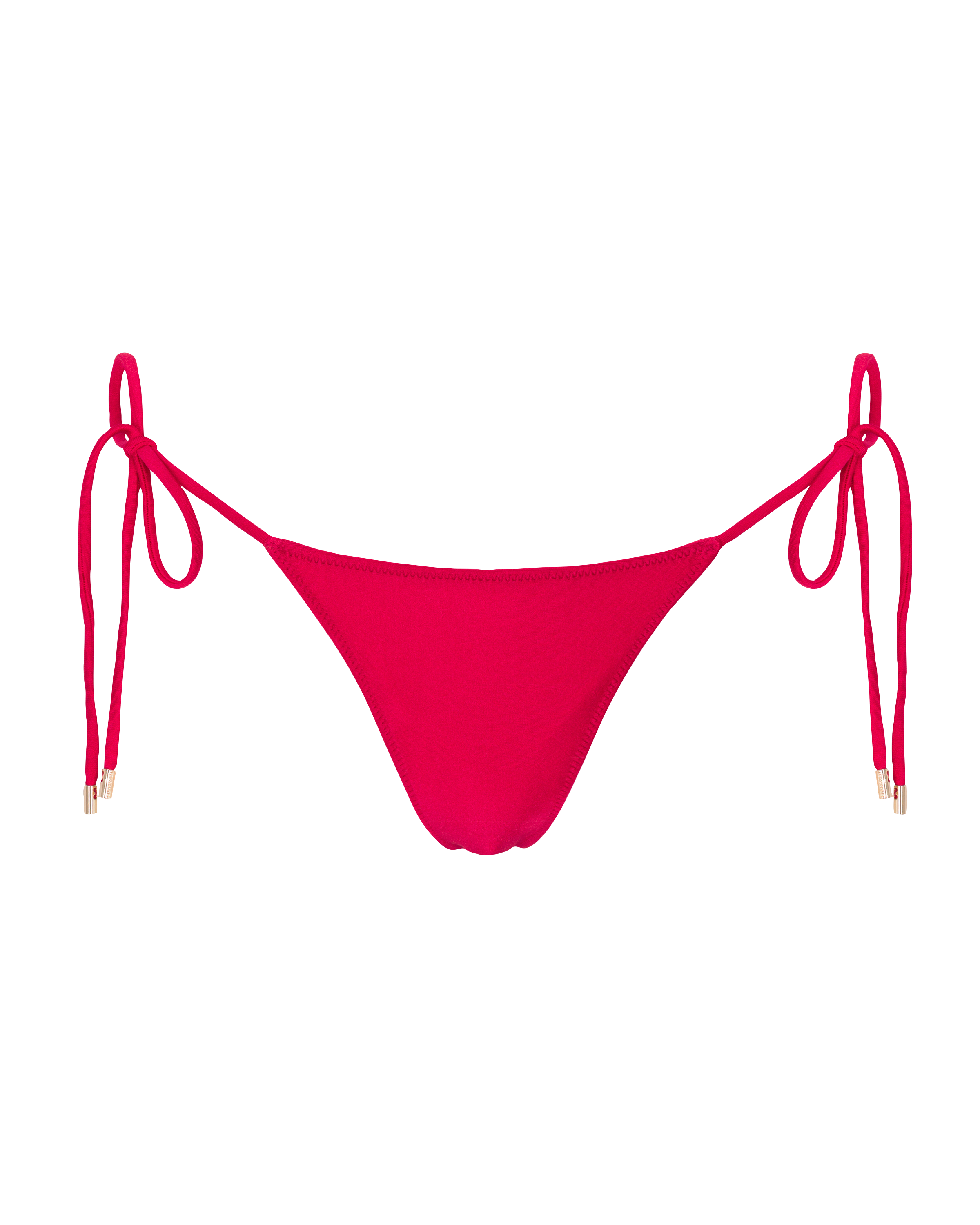 A high-waisted, cherry red swim bottom with side ties, against a black background