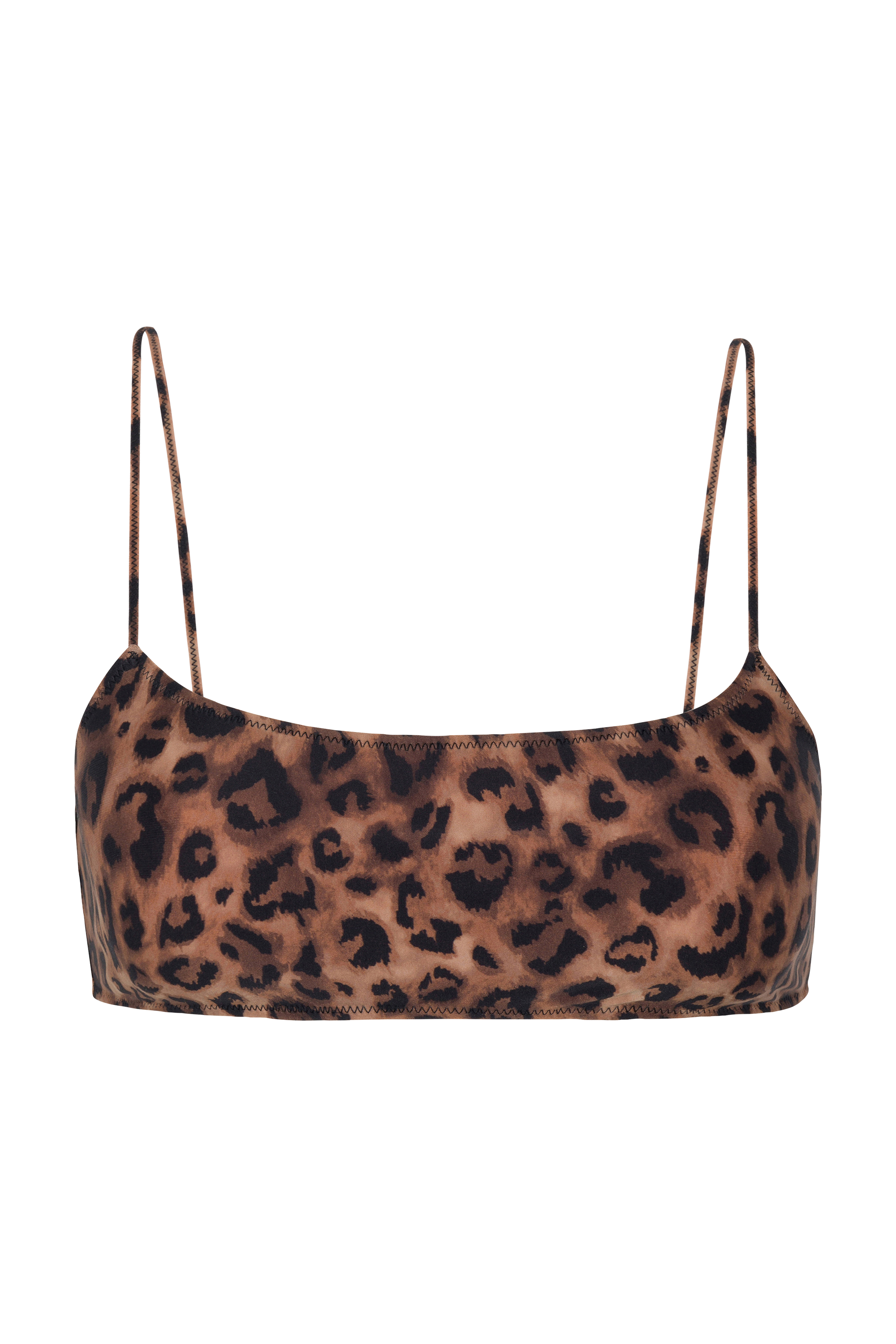 A leopard print sporty bikini top with thin straps.