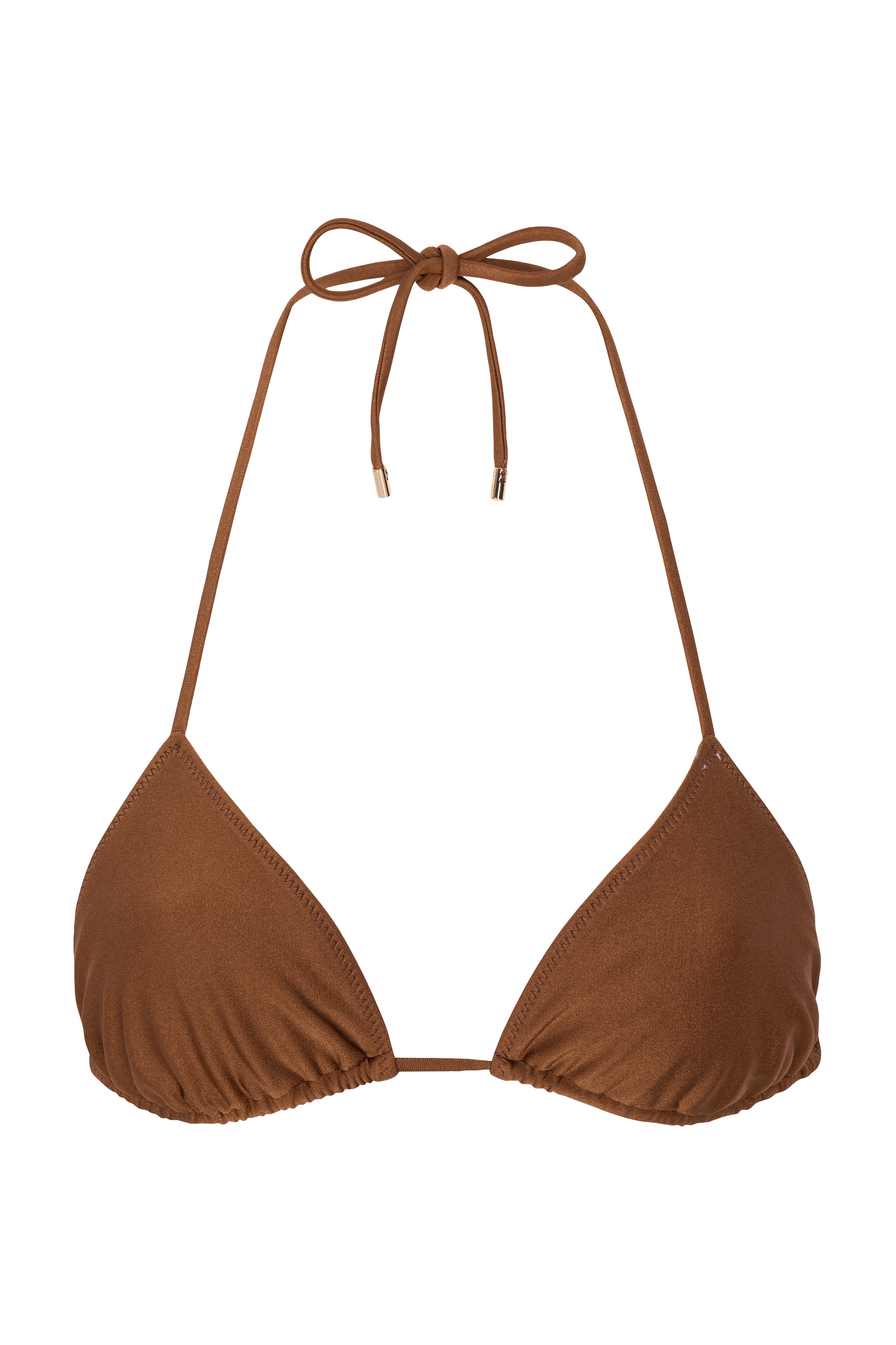 A brown triangle top bikini with adjustable straps and a bow detail at the center.