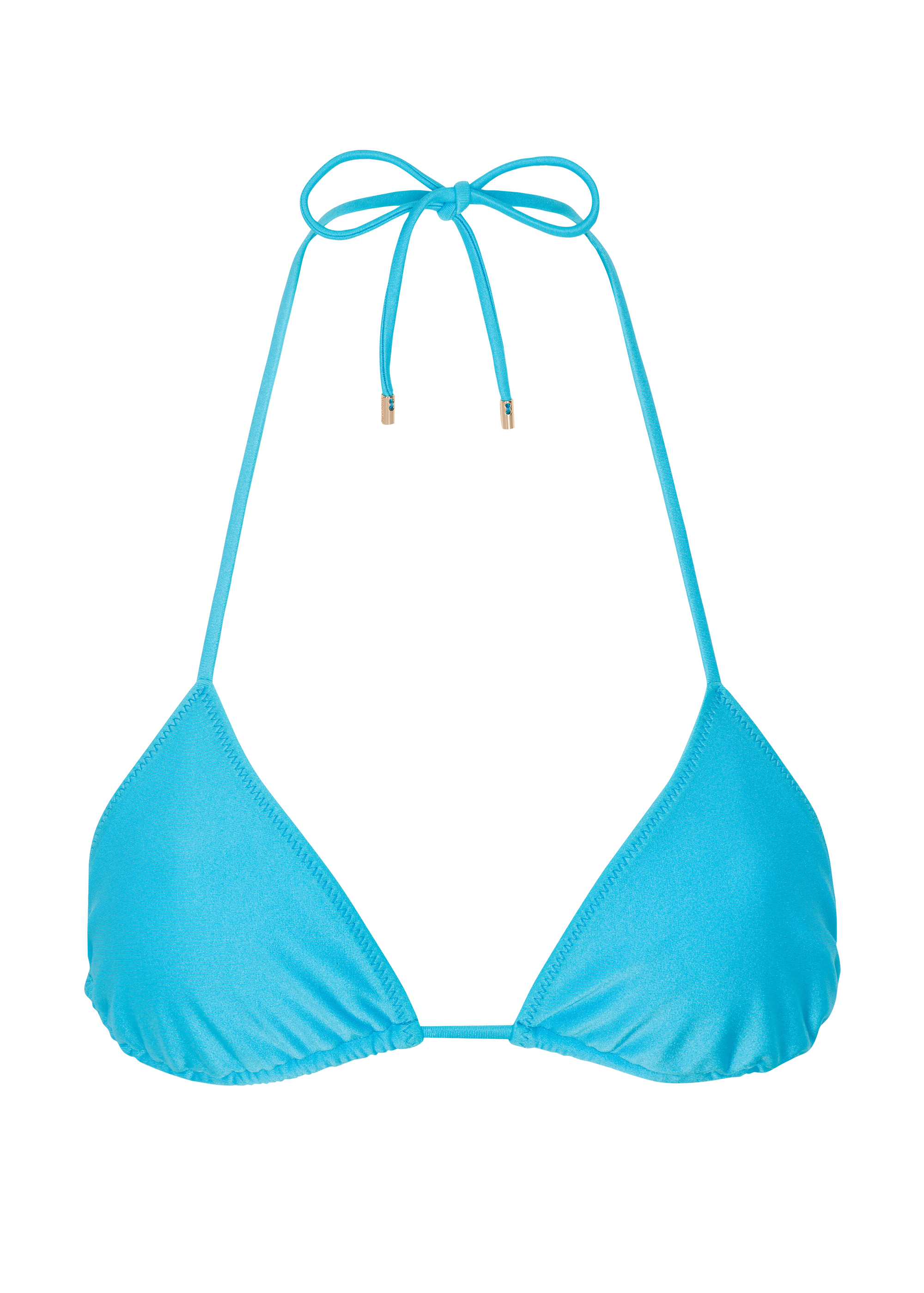 A turquoise blue classic triangle bikini top with adjustable straps and a bow detail at the top center.